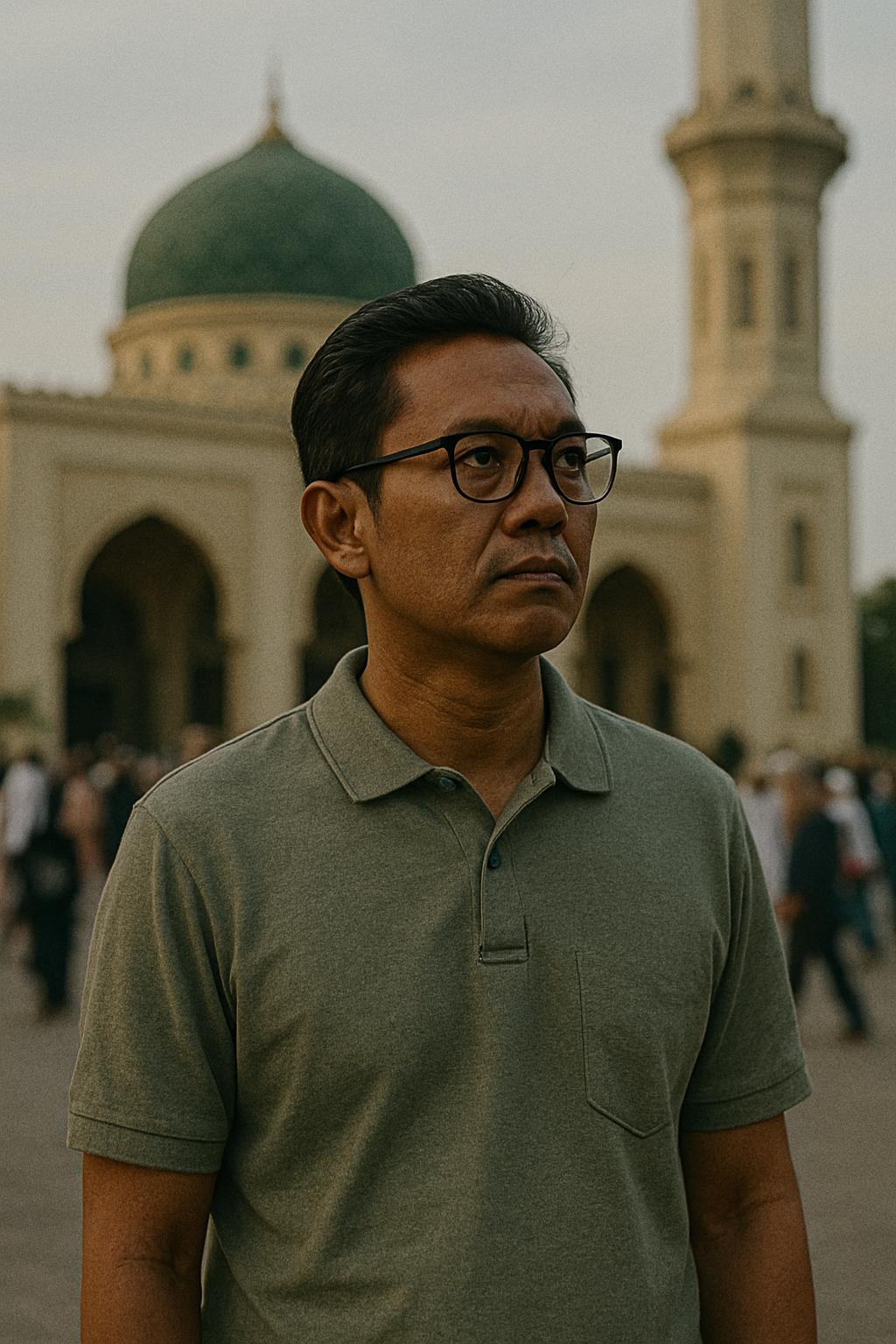 ILUSTRASI - Seseoang tampak termenung melihat hiruk pikuk aktivitas di sebuah masjid agung.